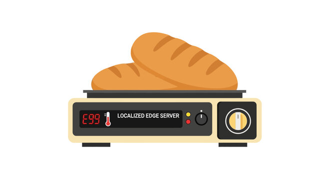 Vector Illustration of an Overheating Localized Edge Server with Bread Loaves, Technology Malfunction and Edge Computing Concept