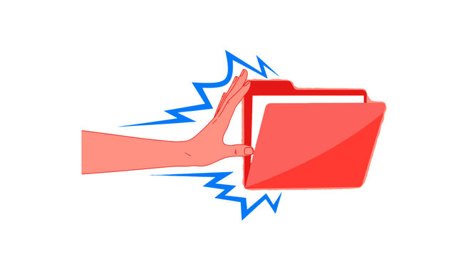 Cyber Security Concept of Data Breach and Unauthorized Access: Human Hand Reaching for Red File Folder with Electric Lightning Bolts on White Background