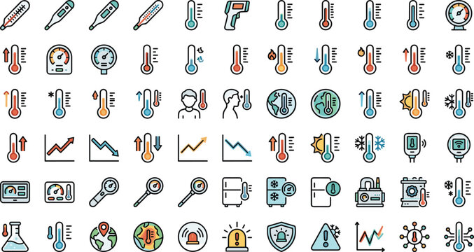 Thermometer temperature measurement vector icons mega set with modern weather climate fever control medical device design templates