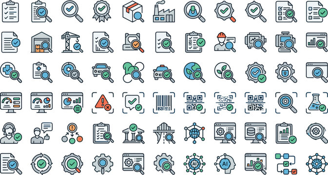 Quality control inspection verification vector icons mega set with modern business audit document barcode scanner analytics elements