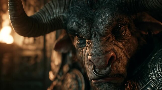 Close-up of a Minotaur breathing heavily inside a dark stone maze, warm torchlight reflecting across detailed horns and armor, mythological realism atmosphere