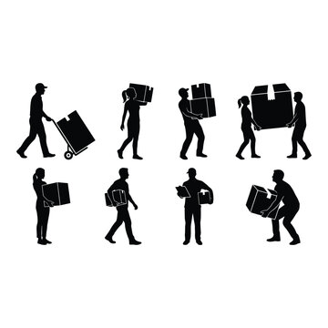Set of delivery people and warehouse workers with boxes vactor file