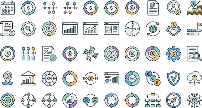 Finance banking business vector icons mega set with modern money investment data tax analysis economy chart templates