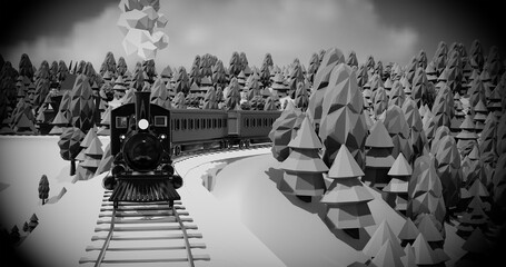 Train, mountains and trees. Summer holiday. Time to travel. 3d render illustration. © ArtsTaras