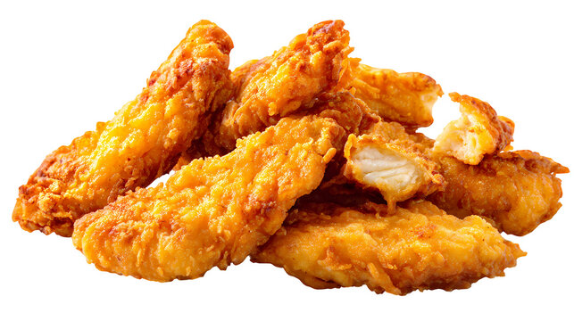 Heap of delicious golden brown crispy fried chicken pieces, tender juicy inside.