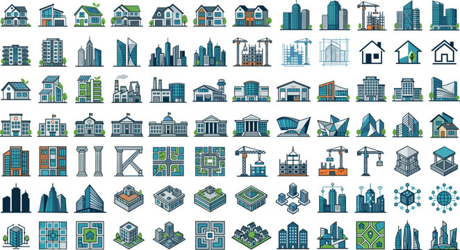 Architecture building real estate vector icons mega set with modern urban city skyscraper house construction design templates