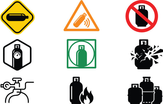 Gas cylinder safety warning vector icons set with modern industrial hazard prohibition and caution sign design templates