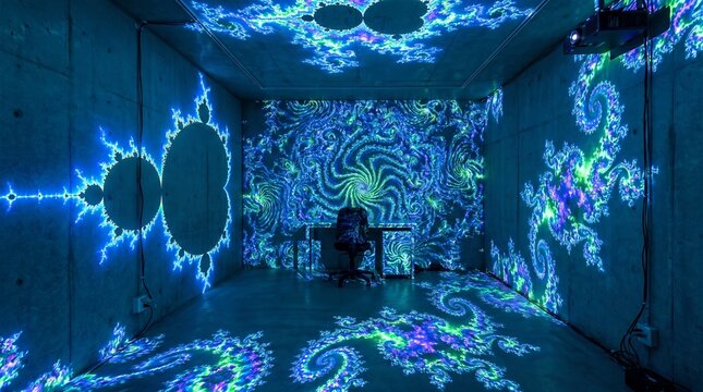 Enchanting fractal patterns illuminate a dark room, creating a mesmerizing visual experience.