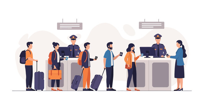 Airport Border Control: Travelers Queue for Passport Inspection at Security Checkpoint