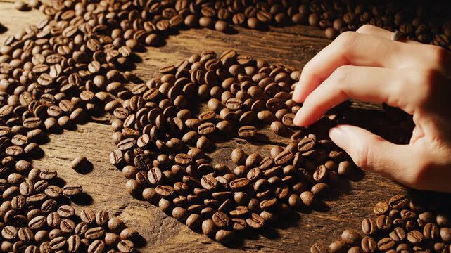A hand arranging roasted coffee beans into the shape of a heart on a wooden surface, symbolizing love for coffee.
