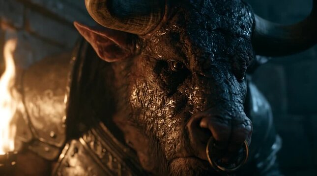 Close-up of a Minotaur breathing heavily inside a dark stone maze, warm torchlight reflecting across detailed horns and armor, mythological realism atmosphere