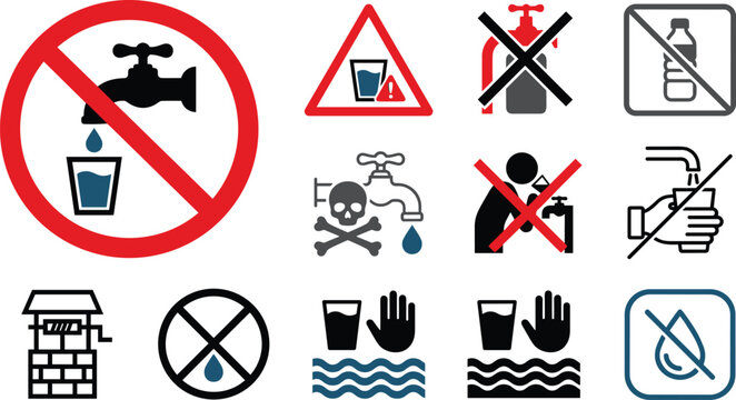 Do not drink water warning icon set with non potable tap toxic danger signs vector illustration isolated