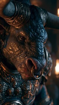 Close-up of a Minotaur breathing heavily inside a dark stone maze, warm torchlight reflecting across detailed horns and armor, mythological realism atmosphere
