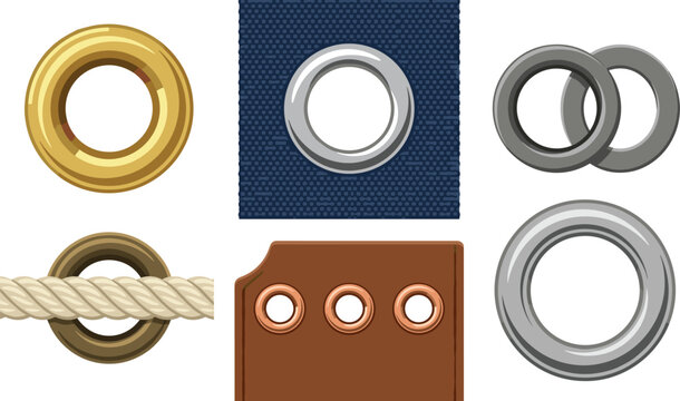 Metal Eyelet and Grommet Ring Hardware Set with Brass Silver Chrome Elements on Fabric Canvas Leather and Rope Materials Vector Illustration