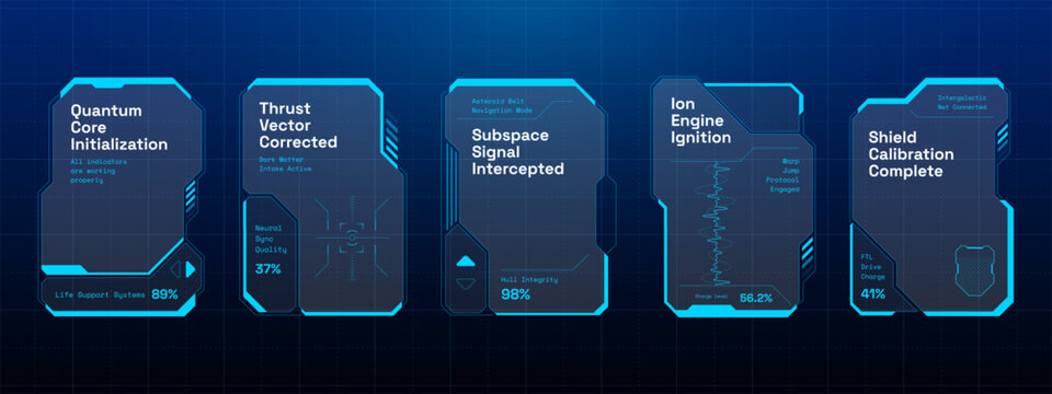 Cyberpunk HUD game interface frame template. Futuristic blue tech screen border panel design vector. Digital sci fi monitor UI layout video display target element graphic.