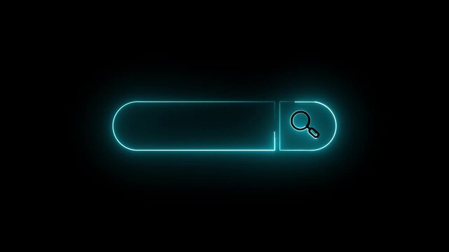 Glowing neon search bar with magnifying glass on black background for website navigation and digital.