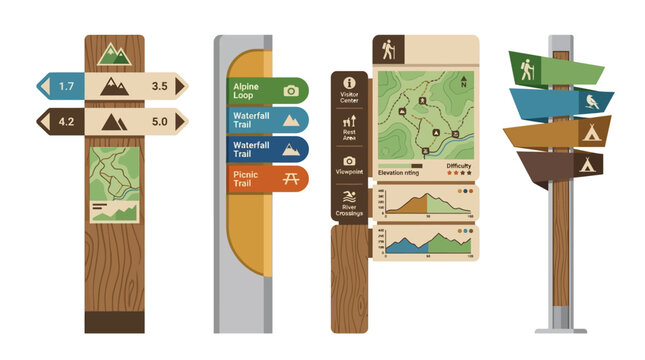 Illustration of hiking trail signposts on display for navigation purposes outdoors.