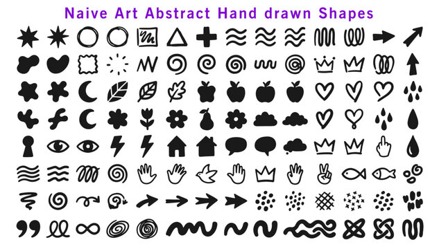 Set of minimalistic bizarre abstract geometric unusual shapes and forms in matisse art style, Hand drawn monochrome primitive, Big vector doodle objects and graphic elements