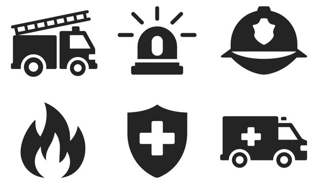 Emergency service icon set, fire truck siren helmet flame ambulance medical shield symbols, black vector illustration design.