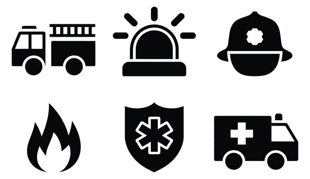 Emergency service icon set, fire truck siren helmet flame ambulance medical shield symbols, black vector illustration design.