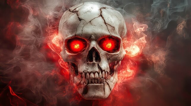 A human skull with glowing red eyes surrounded by red and grey smoke.