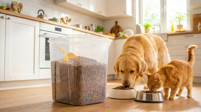 Dog and cat eating from bowls near pet food storage bin in kitchen  