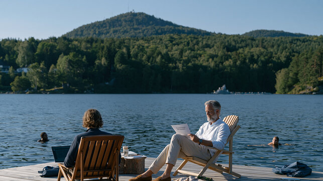 End-of-summer company offsite on a lake dock, five-person startup team straddling the boundary between rest and work, one member still on a laptop, two swimming, the founder reading a investor updat