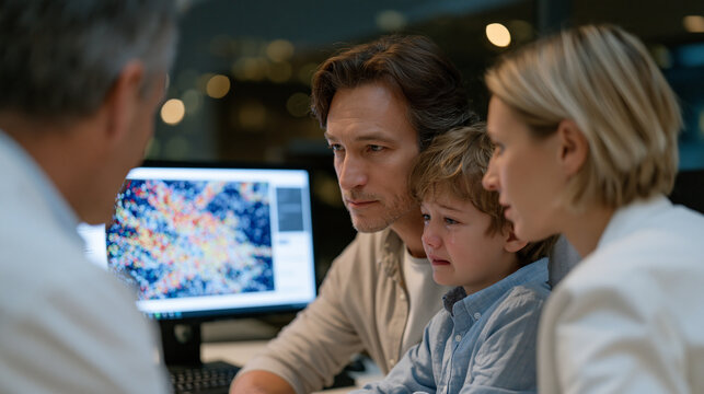 Genetic counselor presenting AI-generated chromosome map identifying ultra-rare disorder mutation to tearful parent couple in hospital consultation room, pediatric rare disease diagnosis, precision 