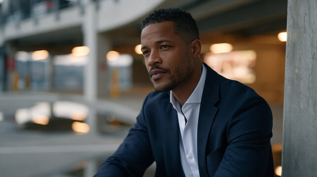 Minority male founder in a tailored jacket rehearsing his fundraising pitch alone in a desolate parking garage at twilight, projected slides glowing on a concrete wall, his reflection caught in a pu