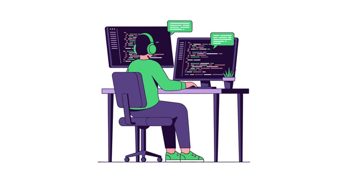 Software Developer Coding on Dual Monitors Illustration: Professional Programmer at Work with Headphones and Chat Bubbles Concept