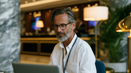 Fototapeta premium Startup founder receiving a declined wire transfer notification on a laptop screen inside an otherwise opulent hotel business center, contrasting the luxury marble surroundings with the stark financ