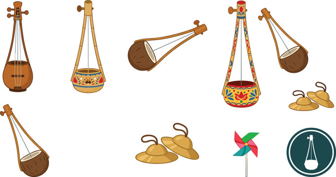 Traditional South Asian Ektara and Dotara Folk Musical Instrument Vector Set with Kartal Cymbals, Coconut Shell Strings, and Bengali Baul Culture Symbols