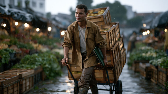 Solo entrepreneur pushing a loaded handcart through a rain-soaked produce market at dawn, harvest crates stacked precariously, vendor stalls just opening, mud-splattered boots and a waterproof noteb