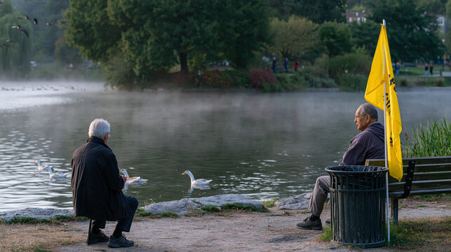 Solitary elderly man feeding ducks at early morning mist covered park pond before back to school crowds arrive, school crossing guard flag propped against bench nearby, autumn migration birds visibl