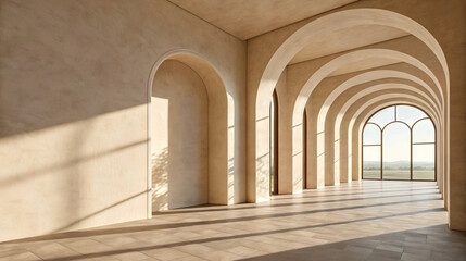 Naklejka premium Sunlit arched corridor with elegant architecture and long shadows, luxury interior design, minimalist space, hospitality and real estate concept