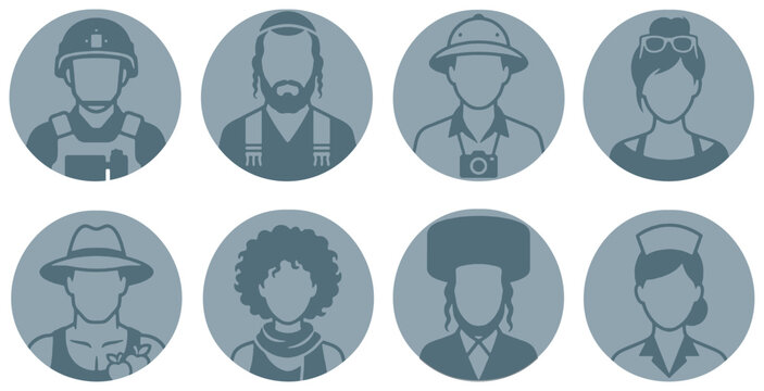 Collection of diverse professional avatars representing various occupations and roles in a circular icon format.