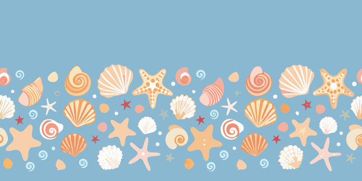 seashell border pattern on blue background starfish