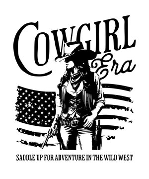 Cowgirl era graphic with western woman and american flag american adventure