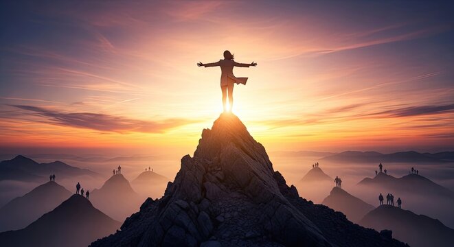 A person stands on a rocky peak, arms outstretched, with a mountain range and a sunset in the background.