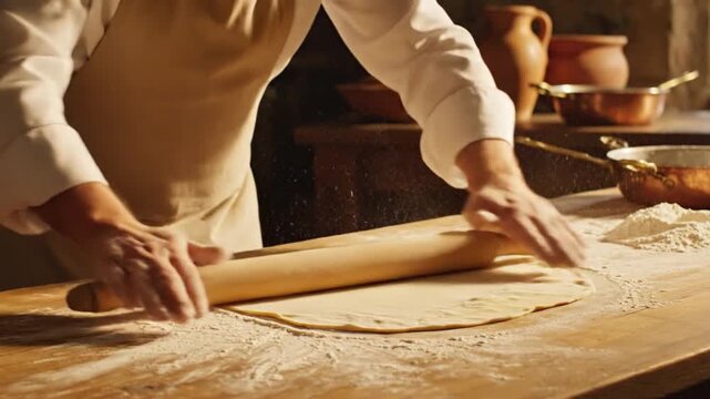A baker's hands skillfully use a wooden rolling pin to flatten dough on a flour-dusted wooden surface in a rustic kitchen setting.