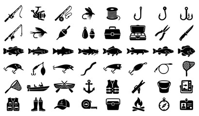 Fishing Icon Collection Flat Black Vector Illustration © Jahangir