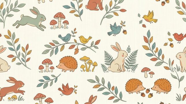Seamless pattern of friendly forest animals playing among colorful leaves and various mushrooms