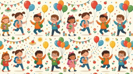 Fototapeta premium Many happy students run, walk, and jump, holding balloons, books, and confetti, celebrating school
