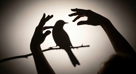 Obraz premium Two hands holding a bird, with a blurred background and a soft, warm light source, creating a serene and intimate atmosphere.
