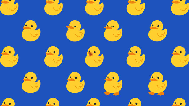 Yellow cartoon ducks in cheerful pixelated grid pattern on blue background