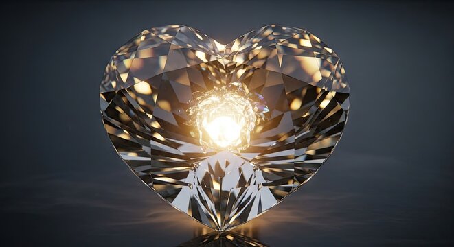A large, faceted diamond with a heart-shaped cut, emitting a bright, warm light from its center, set against a dark, reflective background.