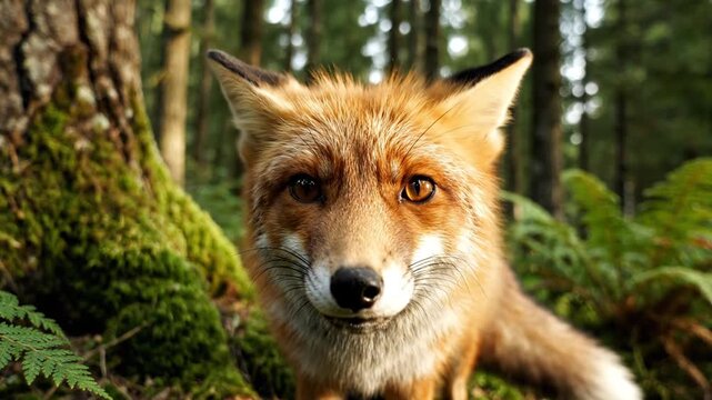 A close-up portrait of a wild red fox with intelligent eyes, set against a blurred background of a lush green forest with moss-covered trees and ferns.