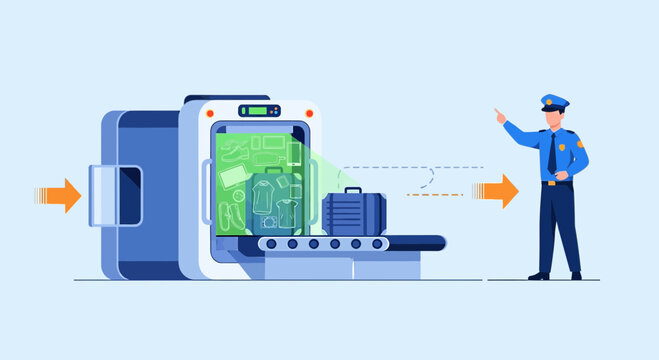 Airport security baggage screening with scanner and guard