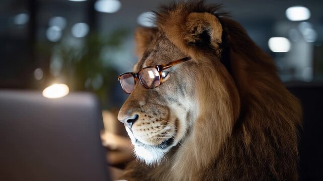 Focused lion in glasses at laptop