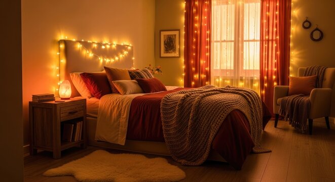 A cozy bedroom with warm lighting, red and orange curtains, and a bed with a blanket and pillows.